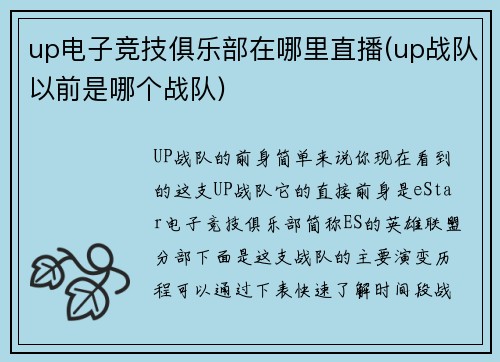 up电子竞技俱乐部在哪里直播(up战队以前是哪个战队)