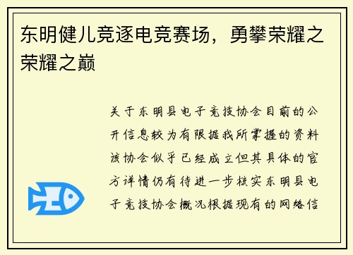 东明健儿竞逐电竞赛场，勇攀荣耀之荣耀之巅